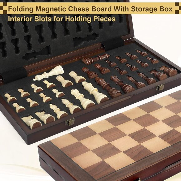 Magnetic Wooden Chess Set for Adults Kids 15'' Chess Board with Handmade Pieces, - Picture 7 of 8